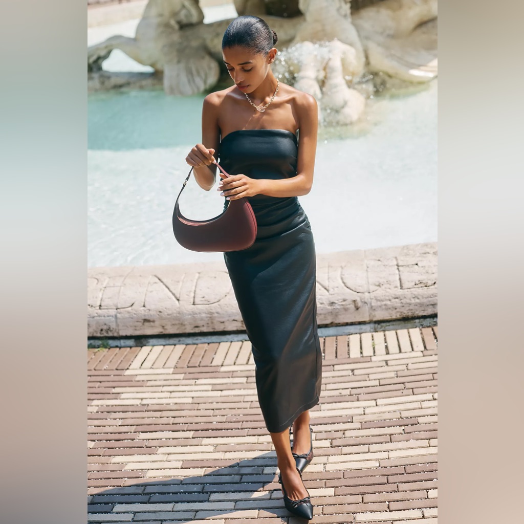 The Soleil Faux Leather Strapless Midi Dress